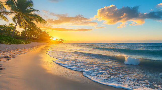 A serene beach at sunrise, with gentle waves, soft sand, and palm trees