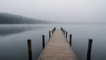 A wooden pier stretches into the mist over a calm, fog-covered lake. The peaceful atmosphere and still water create a sense of solitude and tranquility in this ethereal landscape