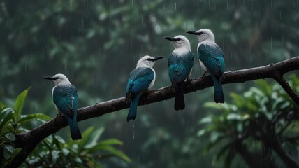 Obraz premium Four blue and white birds perched on a branch in the rain, with green foliage blurred in the background.