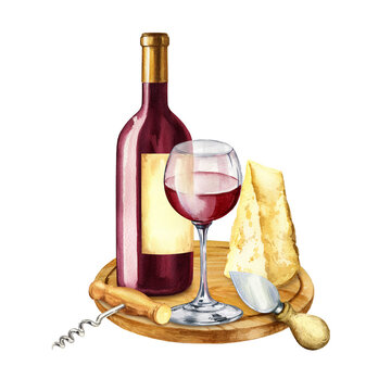 red wine bottle, glass, cheese watercolor clip art preview
