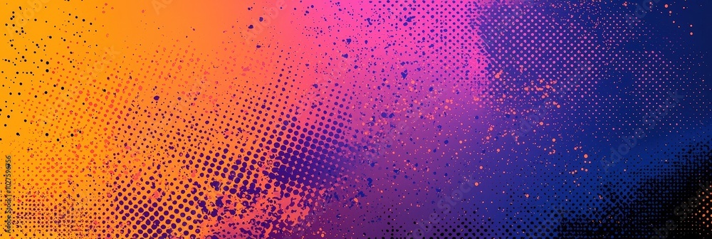 Poster An abstract design filled with dynamic colors of orange, pink, and blue, constructed with dotted patterns that create a visually exciting and energetic atmosphere