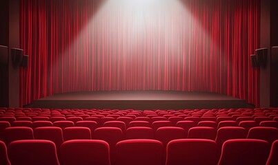 Fototapeta premium An empty theater stage with red curtains and seats, illuminated by a spotlight.
