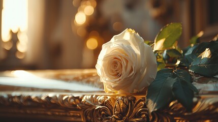Obraz premium Sunlight filters through a window, illuminating a single white rose on a golden coffin. 