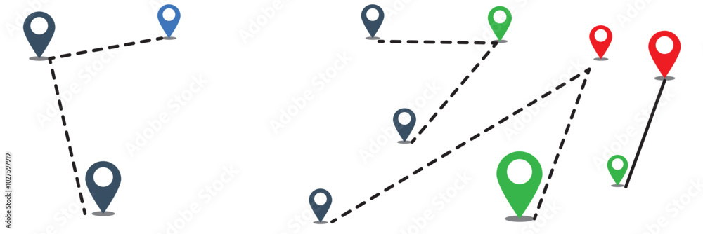 Wall mural route icon - two points with dotted path and location pin. route location icon two pin sign and dott