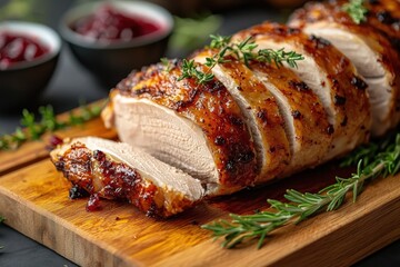 A beautifully sliced roasted turkey breast rests on a wooden cutting board, garnished with fresh herbs. Bowls of cranberry sauce add a festive touch to the display