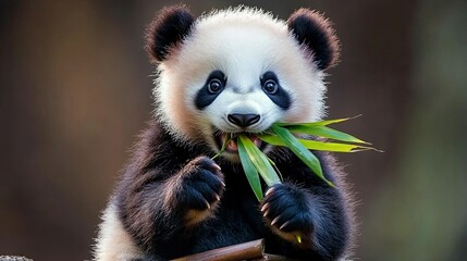 Obraz premium A cute baby panda cub sits and chews on a stalk of bamboo with an adorable expression.