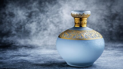 a luxury perfume bottle in frosted glass with gold cap