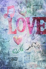Obraz premium A vibrant artwork featuring the word LOVE prominently, accompanied by musical notes and hearts, set against a textured, colorful backdrop that enhances its appeal