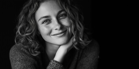 Naklejka premium A black and white portrait of a smiling woman with curly hair, wearing a cozy sweater and resting her chin on her hand, exuding warmth and friendliness.