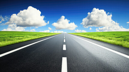 Fototapeta premium Endless Highway Through Lush Green Fields Under a Blue Sky