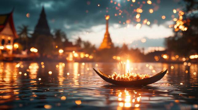 Loy Krathong, Loy BuaA serene scene featuring a beautifully illuminated floating offering on tranquil water during dusk. This image captures the essence of cultural rituals and spiritual celebrations.