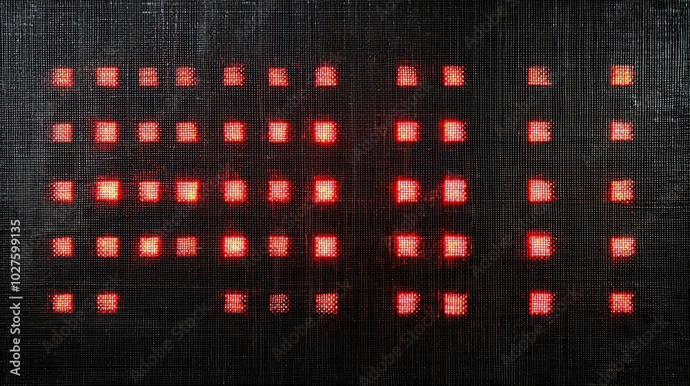 Poster Red lights form a grid pattern against a dark background, creating a visually striking display that suggests a digital ambiance, reminiscent of a technological environment