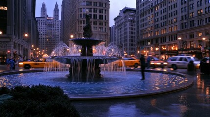 Obraz premium Mesmerizing Nighttime City Fountain Surrounded by Iconic Architecture