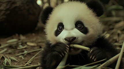 Obraz premium A cute baby panda sitting on the ground eating bamboo.