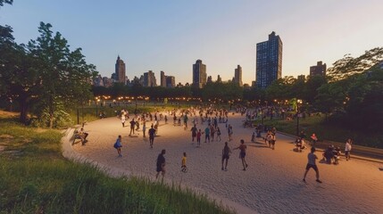 Obraz premium Vibrant Central Park Scene at Sunset with Iconic New York City Skyline
