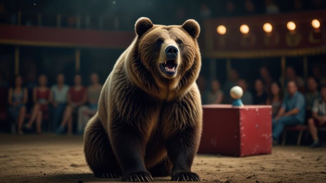 A large brown bear sits in a circus ring, looking at the audience with its mouth open.