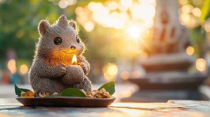A charming animal figurine holding a candle, basking in warm sunlight. This delightful scene captures the essence of tranquility and joy in nature.