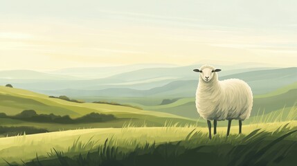 Fototapeta premium Illustration of Sheep Grazing Peacefully in Green Rolling Hills Countryside Landscape 