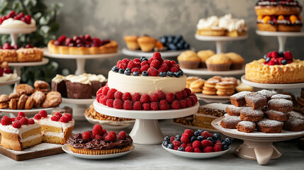 A beautifully arranged dessert buffet with cakes, pies, pastries, and cookies. Copy space in the upper area