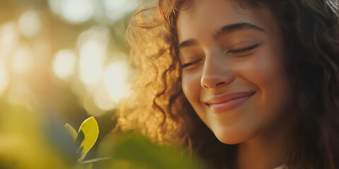 Fototapeta premium A peaceful woman is captured intimately with her eyes closed, surrounded by soft natural light and foliage, evoking serenity, introspection, and mindful existence.