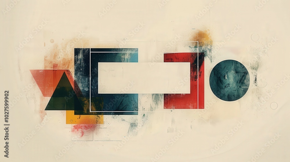 Fototapete The artwork frame with various geometric shapes in vibrant hues arranged artistically on a soft, neutral backdrop, showcasing dynamic visual contrasts and forms