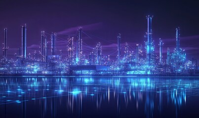 Fototapeta premium Futuristic digital city skyline with glowing towers and connected lines reflected in water at night.