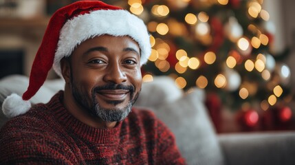 Smiling man with short hair, wearing a red sweater and Santa hat, sitting on a light grey couch. The glowing Christmas tree in the background adds a festive touch