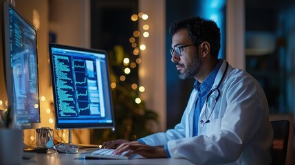 A physician is focused on reviewing electronic health records and patient data on dual computer screens late at night in a cozy office environment