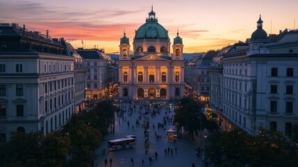 Obraz premium Magnificent Sunset Over the Historic Buildings and Charming Streets of Vienna, Austria