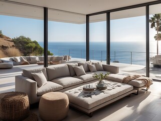 Fototapeta premium Luxury oceanfront property living room with panoramic view and sleek minimalist interior design 