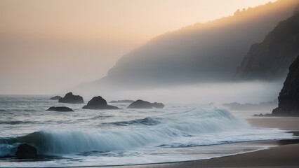 Obraz premium Fog-covered cliffs loom in the background as ocean waves crash over the dark rocks along the shoreline. The soft, misty light and quiet sea create a sense of peaceful isolation.