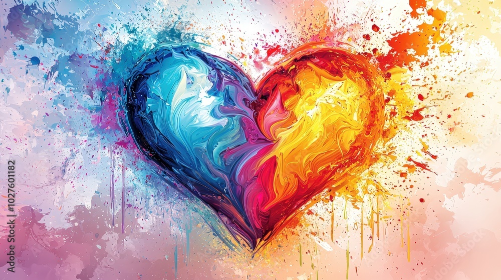 Poster A vibrant heart shape features swirling blue and orange colors, symbolizing the unity of emotions. The background radiates with joyful splashes and gradient tones