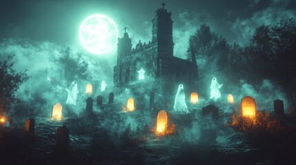 Spooky Night Scene in a Graveyard with Ghostly Figures