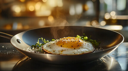 Luxurious Presentation of Fried Egg in Sleek Frying Pan