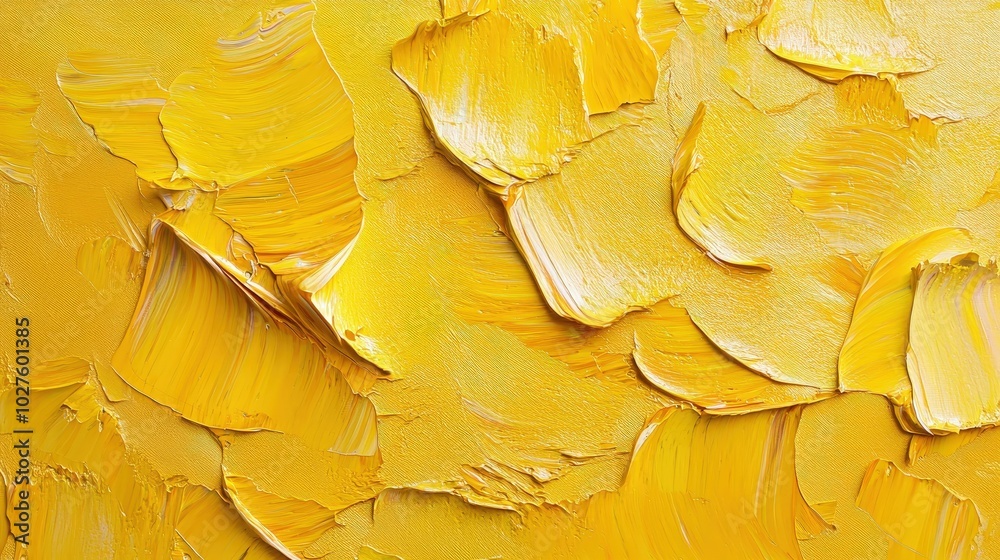 Aufkleber Richly textured layers of bright yellow paint create an abstract composition, emphasizing depth and movement through expressive brushwork and vibrant hues