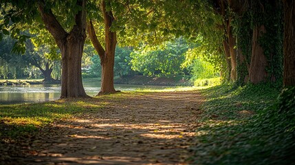 Fototapeta premium A winding path through a lush green park, sunlight filtering through the trees.