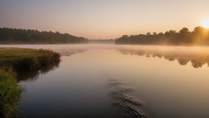 Obraz premium Golden morning light illuminating a mist-covered lake, with soft reflections of the trees on the calm water. A peaceful and enchanting natural scene