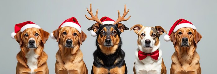 Obraz premium banner close-up hide dogs pet celebrating christmas wearing a reindeer antlers diadem, santa hat and red ribbon. Isolated on white or gray background.