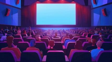 Fototapeta premium Families and friends gather in a cozy theater, enjoying an engaging film on the large screen under vibrant lighting. Generative AI