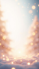 Naklejka premium Blurred background with bokeh and a snowy forest at sunset, festive design, perfect for creating a warm and serene holiday atmosphere.