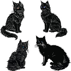 four small black cats sketches on white
