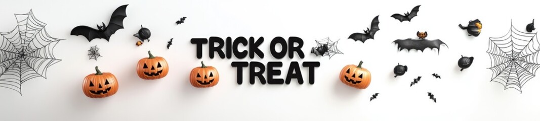 Vibrant Halloween ‘Trick or Treat’ Scene with 3D Inscription and Spooky Decor
