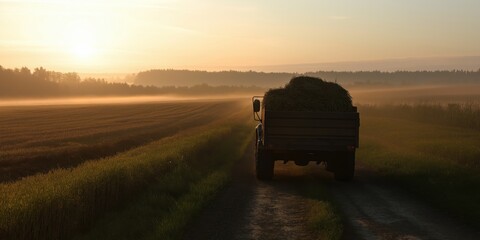 Fototapeta premium A truck carries hay along a rural path with foggy morning light in the background, evoking a serene and peaceful agricultural landscape scene at sunrise.