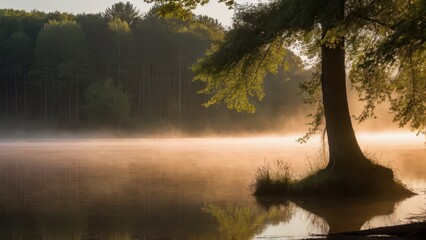 Obraz premium Golden sunlight streaming through trees at a misty lake during early morning, creating a soft and warm glow. A beautiful and tranquil lakeside view at dawn