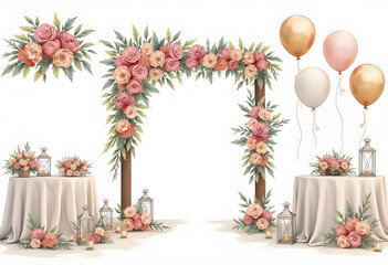 Watercolor boho wedding arch illustration. Hand painted isolated wood archway with curtains, lanterns, flowers and bouquets on stumps. Wedding ceremony design sketch, rustic decor for invitation
