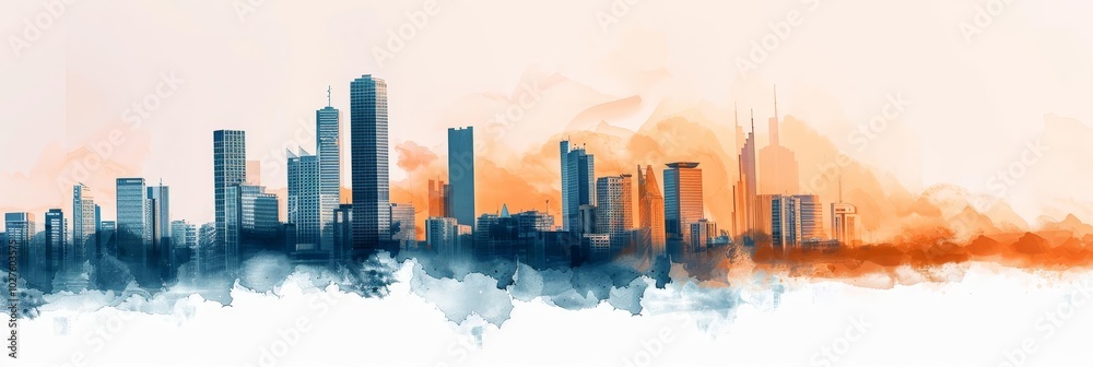 Wall mural silhouette of a cityscape with tall buildings against a cloudy sky.