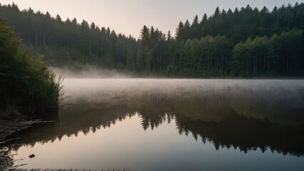 Obraz premium A peaceful morning at a calm lake surrounded by a dense forest, with mist covering the water and soft morning light reflecting off the surface. A tranquil and atmospheric nature scene