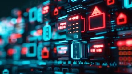 Fototapeta premium Neon signs illuminate a futuristic cityscape at night.