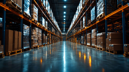 Obraz premium Warehouse interior with stacked boxes on shelves.