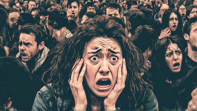 A young woman is having a panic attack in a public place due to a social phobia, she is among other people which makes her extremely nervous